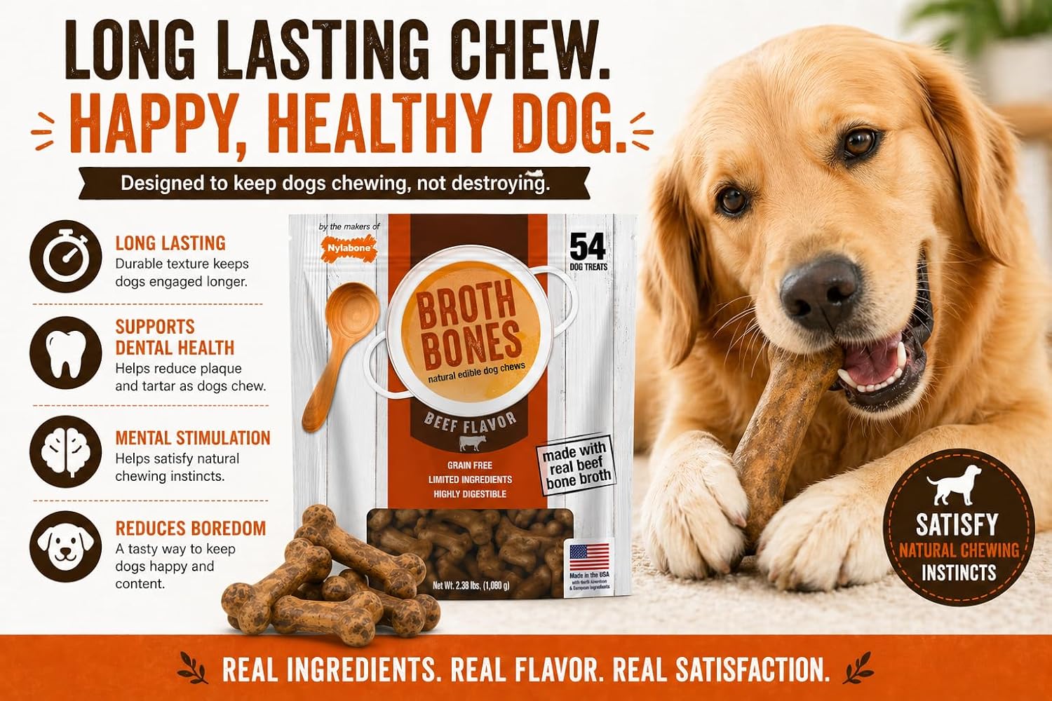 Nylabone Beef Broth Bones Dog Treats (Net 54Count), 2.38 Lb