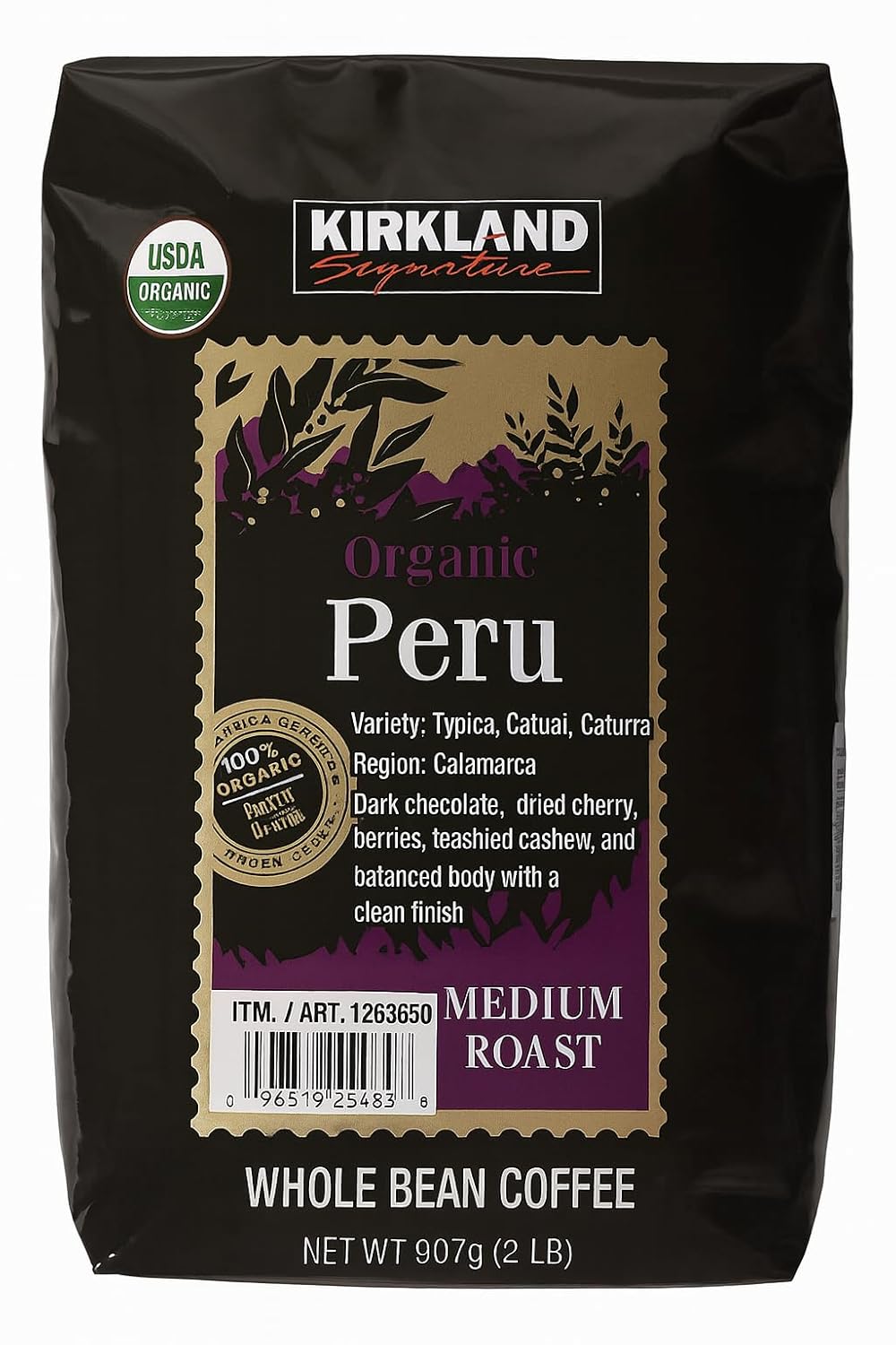 Kirkland Signature Organic Whole Bean Coffee from Peru- 2lb Whole Bean Medium Roast