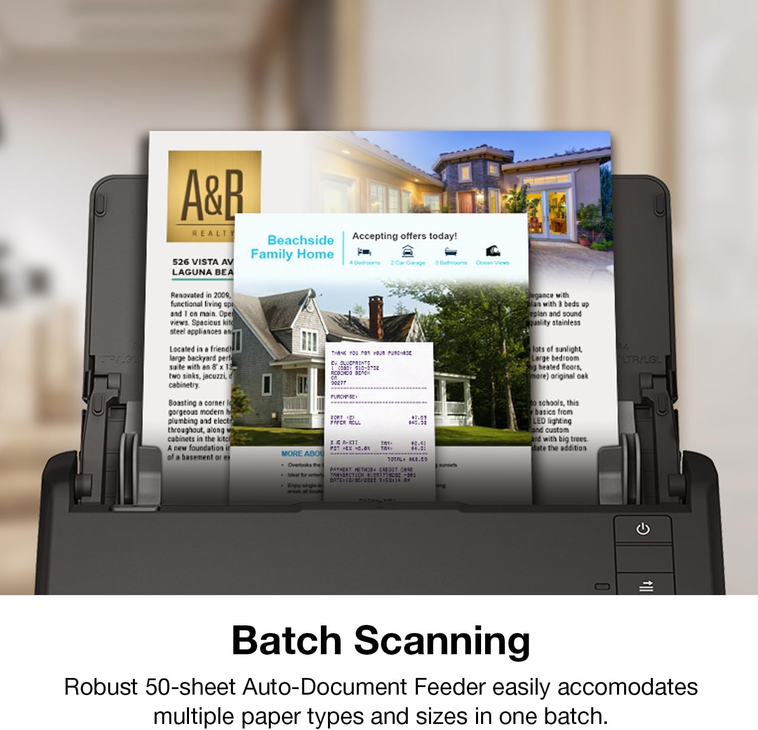 Printer with a document feeder containing multiple paper types and sizes, with a focus on batch scanning capabilities.
