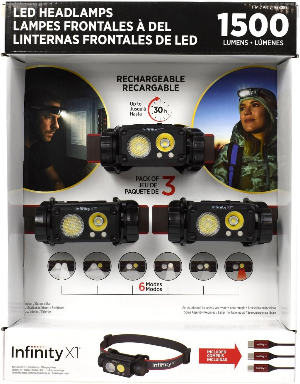 Infinity X1 Rechargeable LED Headlamps, 1500 Lumens, Up to 30 Hours Runtime, 6 Modes, 3-Pack