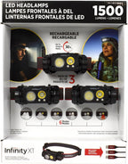 Infinity X1 Rechargeable LED Headlamps, 1500 Lumens, Up to 30 Hours Runtime, 6 Modes, 3-Pack