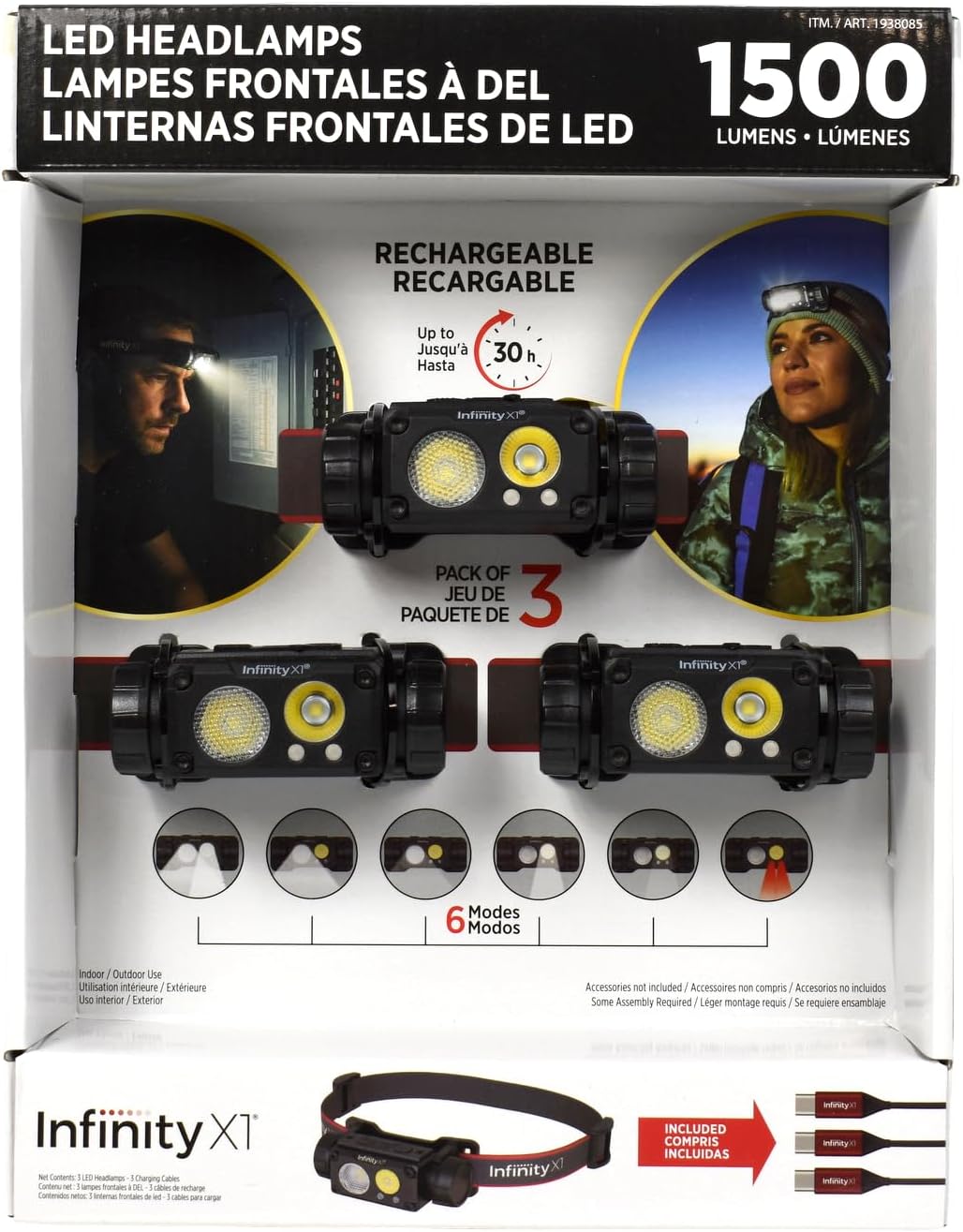Infinity X1 Rechargeable LED Headlamps, 1500 Lumens, Up to 30 Hours Runtime, 6 Modes, 3-Pack