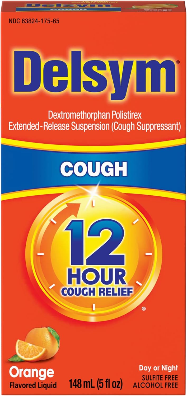 Delsym 12 Hour Cough Medicine for Adults, Powerful Relief for 12 Hours, Cough Suppressant Liquid with Extended-Release Dextromethorphan, Orange Flavor Liquid Cough Syrup, 5 Fl Oz (Pack of 1)