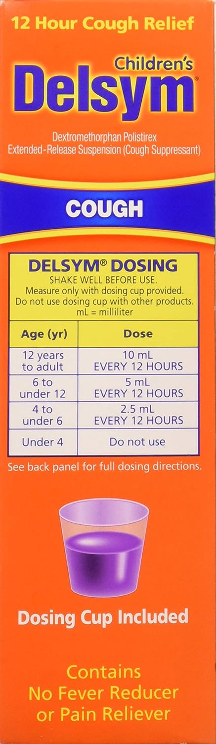 Children's Delsym Cough Relief packaging with dosing instructions and a dosing cup included.