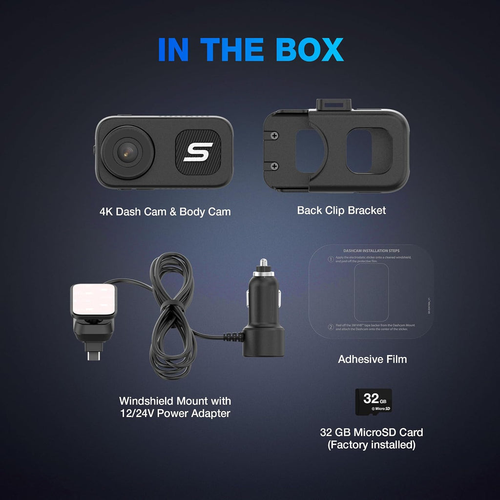 Type S 4K Mini Dash Cam & Body Camera with Voice Control, Video Stabilization, G-Sensor Incident Detection, Loop Recording, 32GB Card Included, Compact Car Dash Camera for Driving & Personal Safety