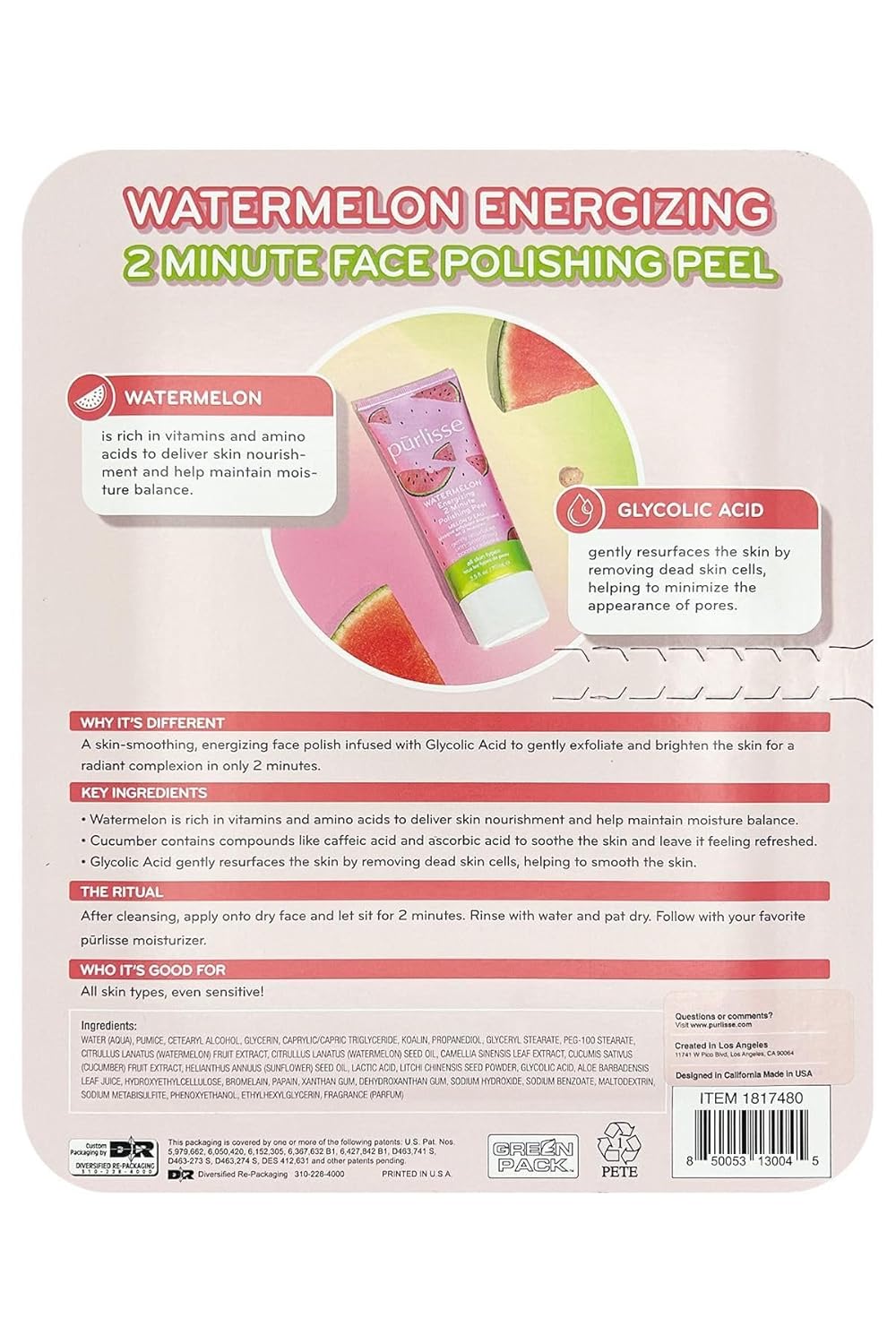 Purlisse Watermelon Energizing 2 Minute Polishing Peel, Cruelty-free, Paraben & Sulfate-free, Brightening & Smoothing, 2 Pack