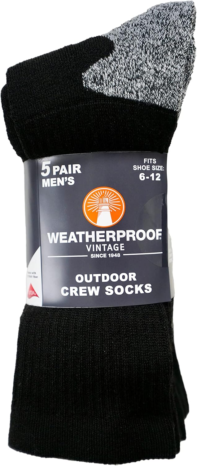 Weatherproof Vintage Men's Outdoor Wool Blend Crew Socks, Black, 5 Pairs