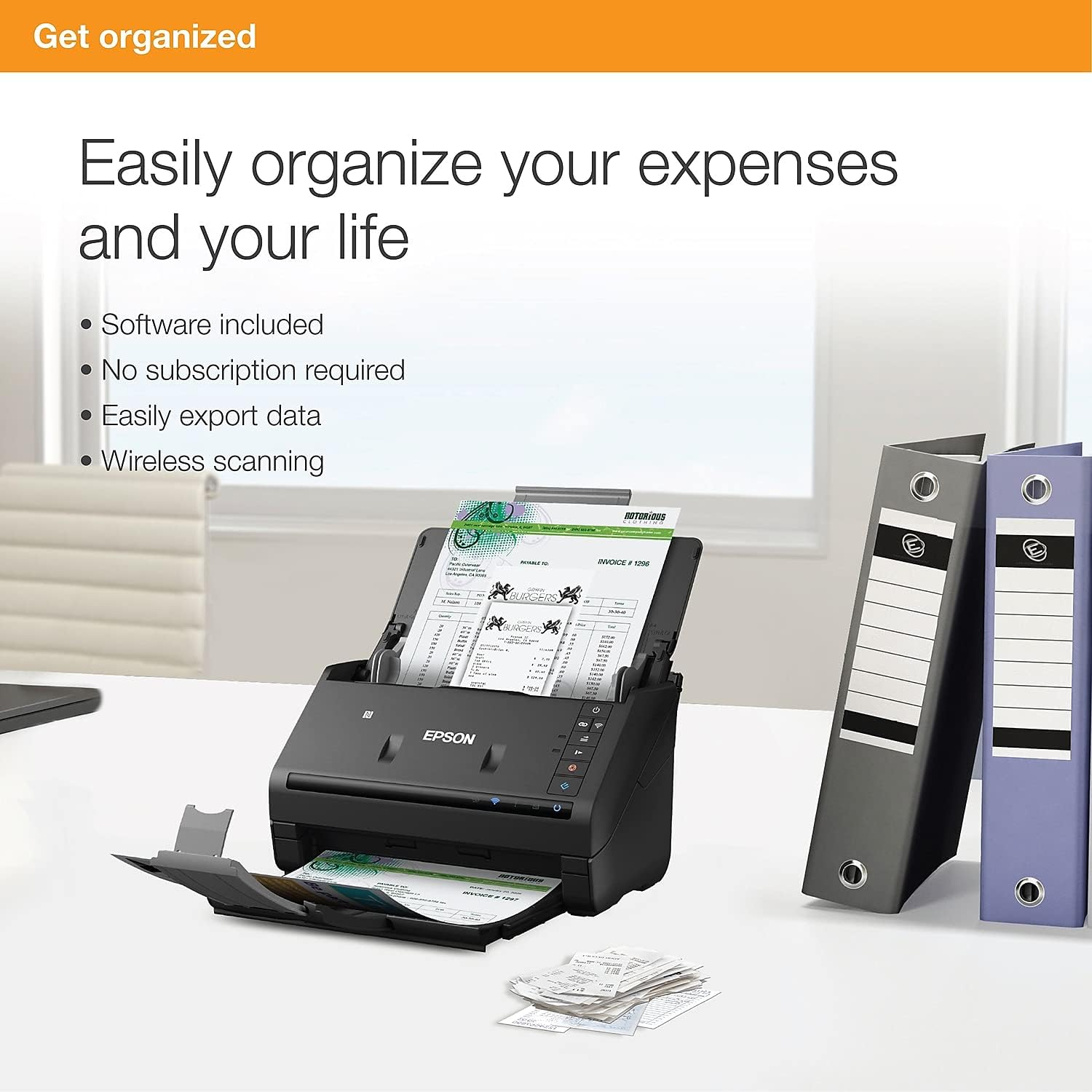 Epson Workforce ES-500WR Wireless Color Receipt & Document Scanner for PC and Mac, Auto Document Feeder (ADF), Black