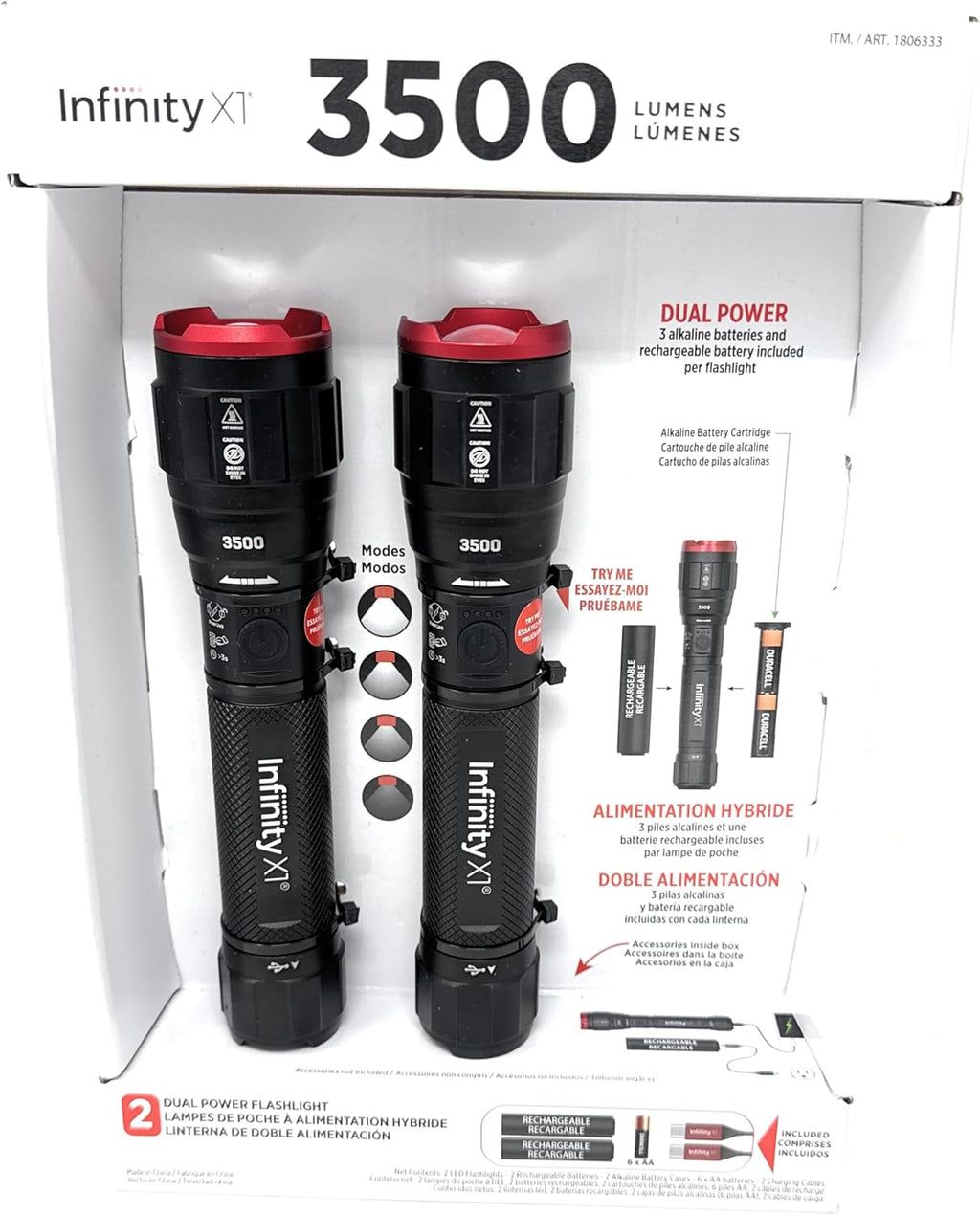 Infinity X1 3500 Lumen Dual Power Flashlight 2-Pack – High-Performance LED, Rechargeable or Alkaline Powered, 4 Light Modes, USB-C Charging, Includes Batteries and Cables