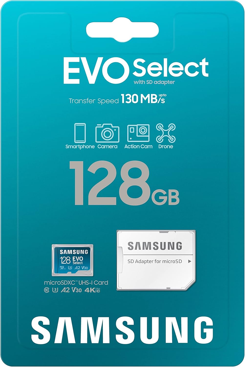 Samsung EVO Select 128GB microSD card packaging with transfer speed and compatibility icons on a blue background.