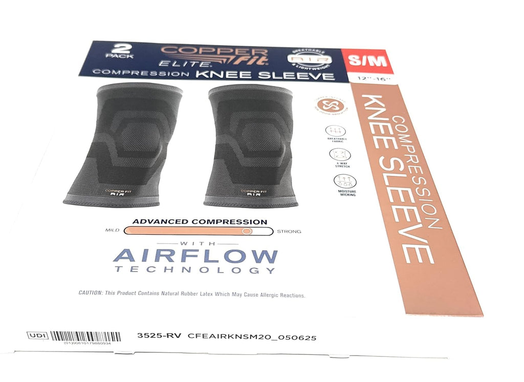 Copperfit Elite Air Knee Compression Sleeve, S/M, 2 Pack, Joint Pain Relief (Small/Medium (12"-16"))