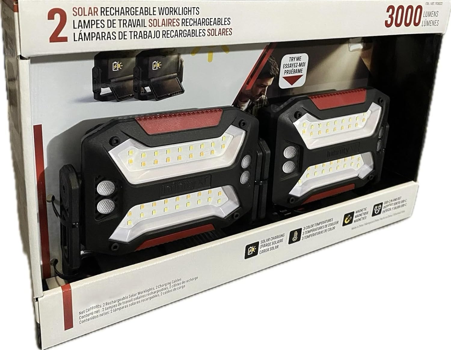 Infinity X1 Solar Rechargeable Worklights, 3000 Lumens, 3 Color Temperatures, Magnetic, USB-C, 360° Adjustable Stand, 2-Pack