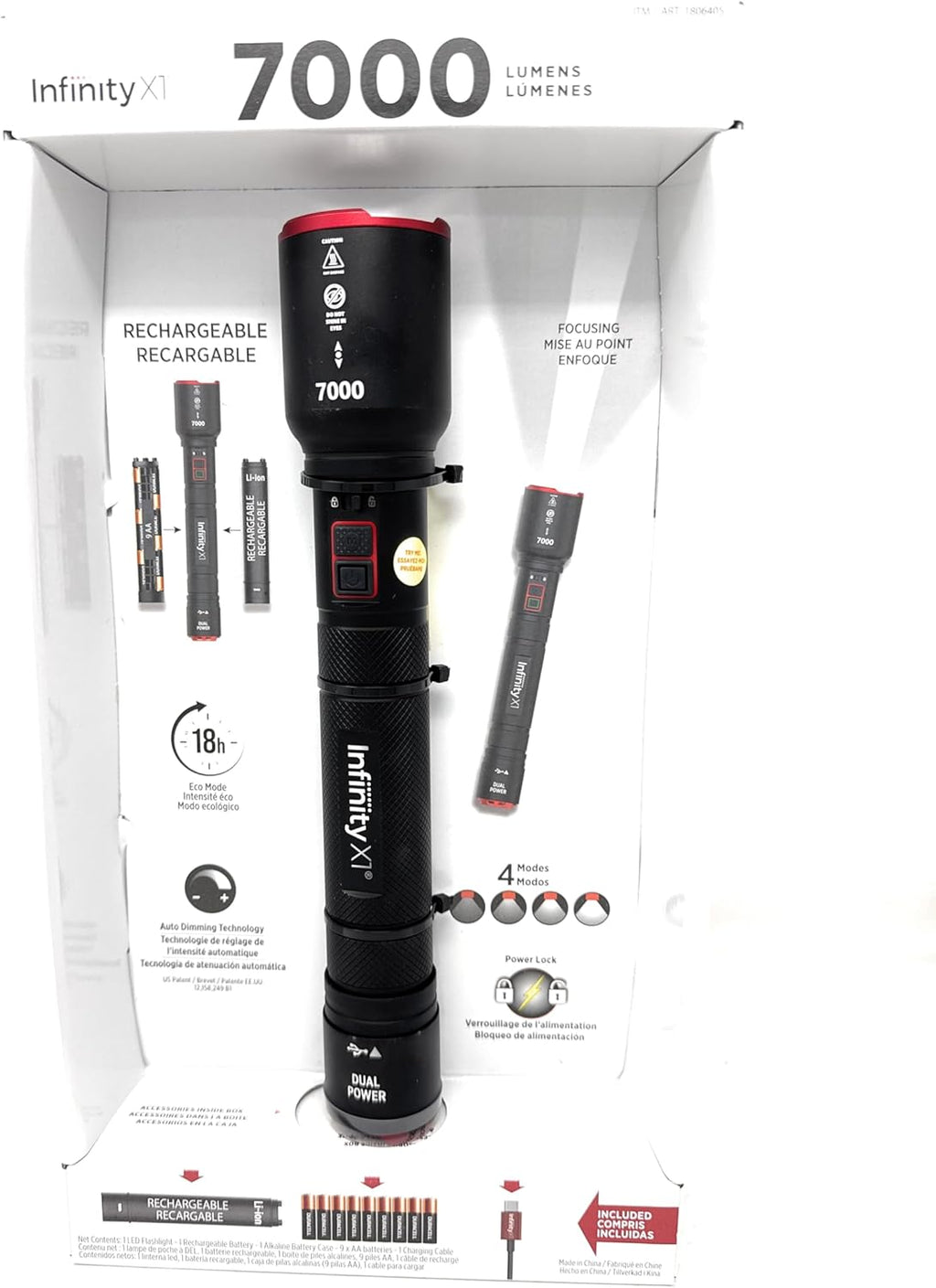 Infinity X1 7000L Dual Power Rechargeable Flashlight,7000 Lumen CREE LED with Adjustable Focus and Heat Lock