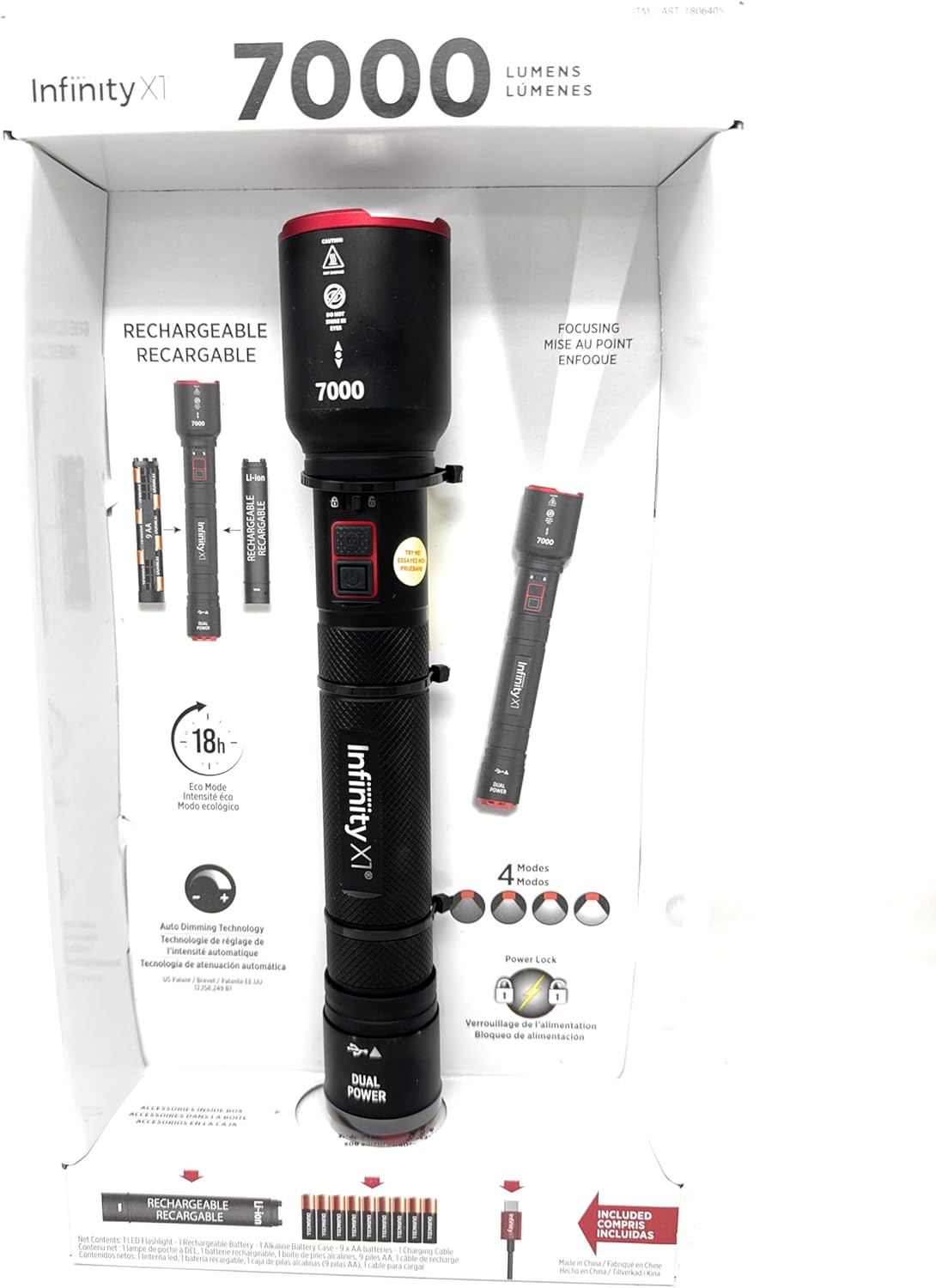 Infinity X1 7000L Dual Power Rechargeable Flashlight,7000 Lumen CREE LED with Adjustable Focus and Heat Lock