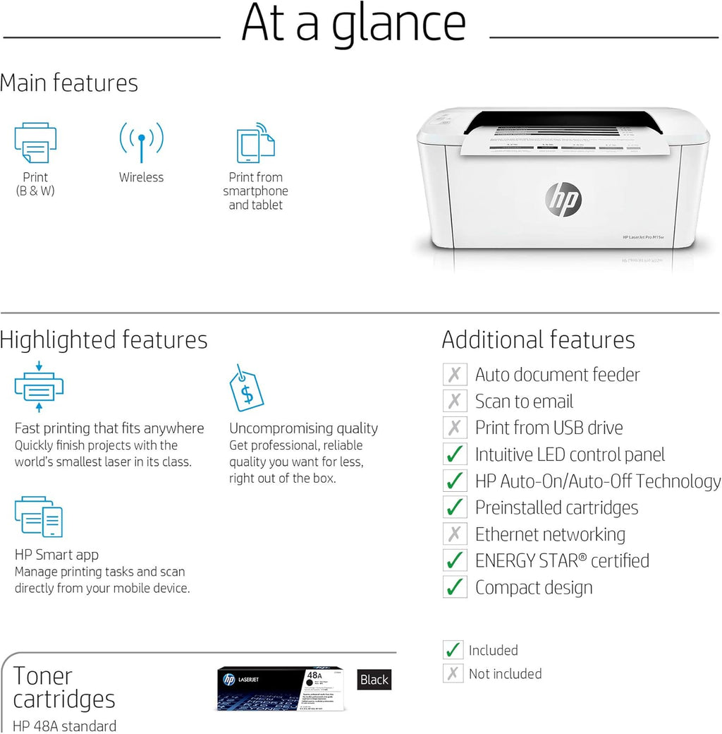 HP LaserJet Pro M15w Wireless Monochrome Printer, Works with Alexa (W2G51A)