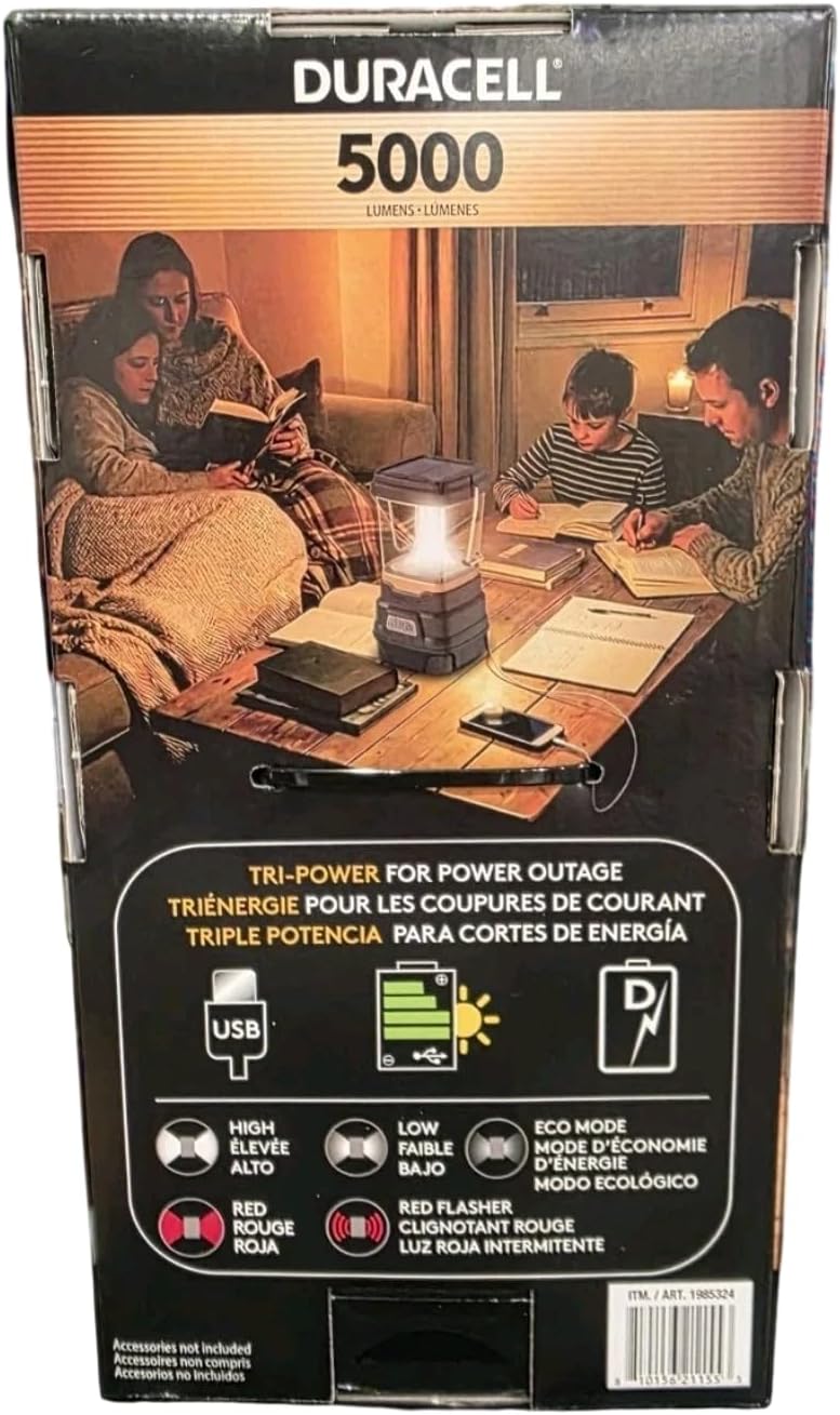 Duracell lantern packaging with family using lantern in a cabin setting