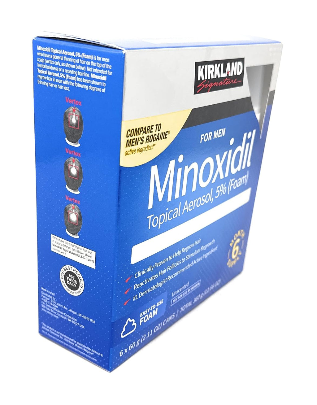 Kirkland Minoxidil topical aerosol packaging on a white background