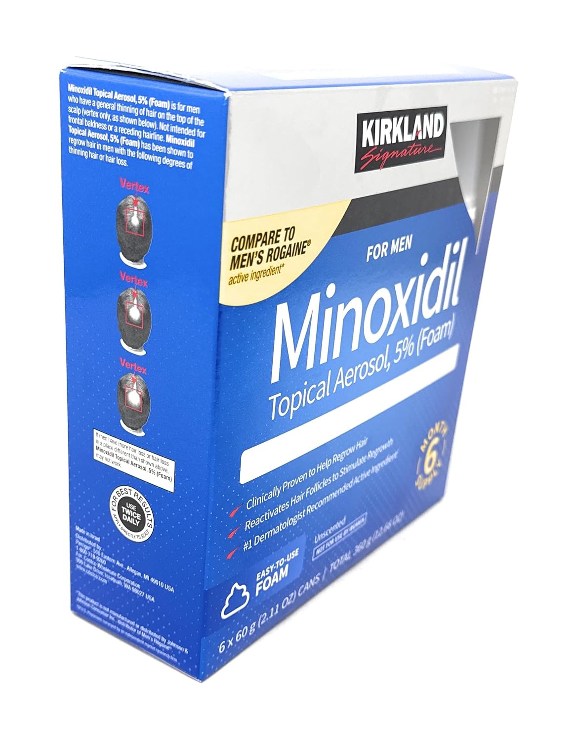 Kirkland Minoxidil topical aerosol packaging on a white background