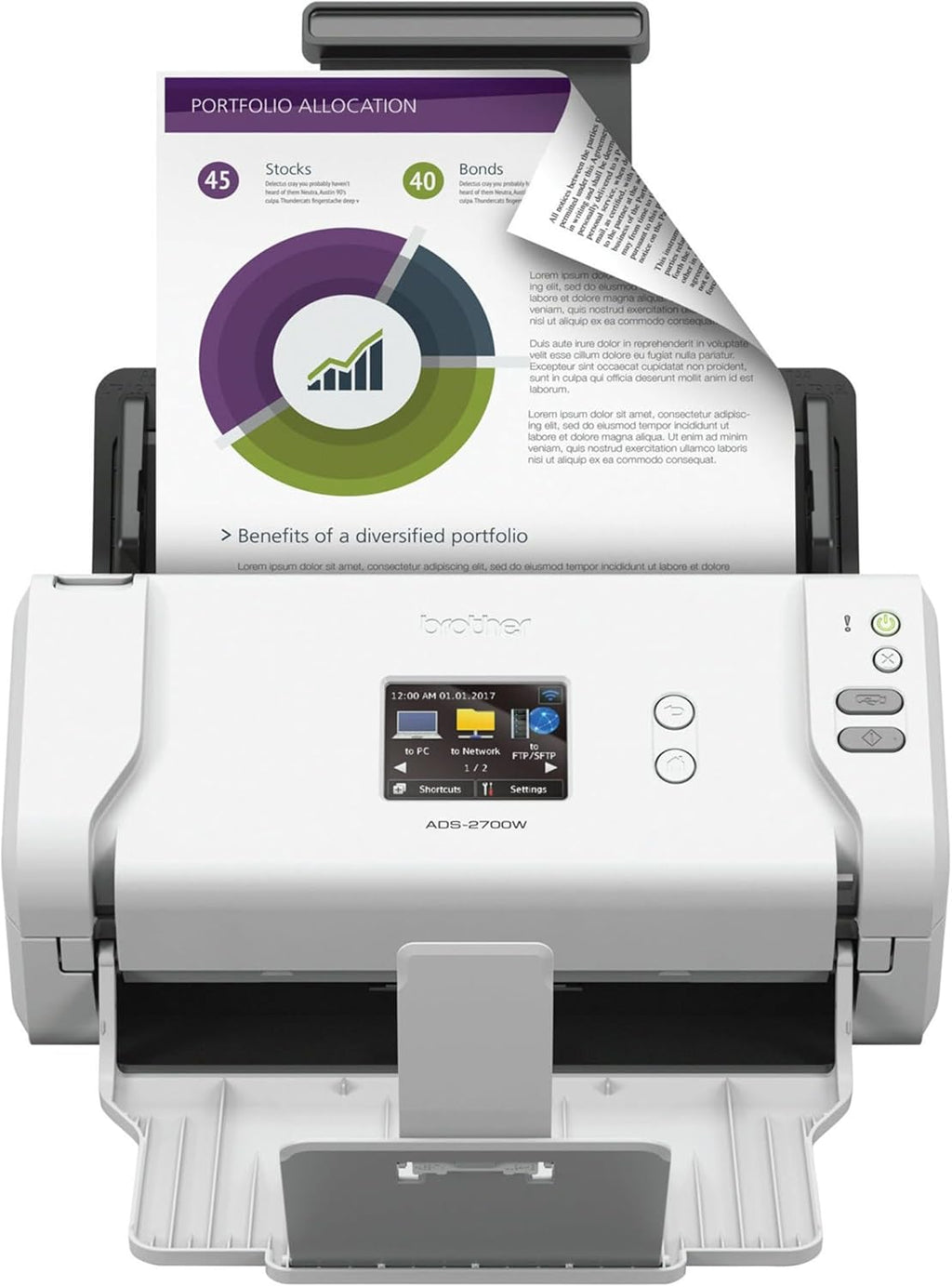 Brother Wireless High-Speed Desktop Document Scanner, ADS-2700W, Touchscreen LCD, Duplex Scanning