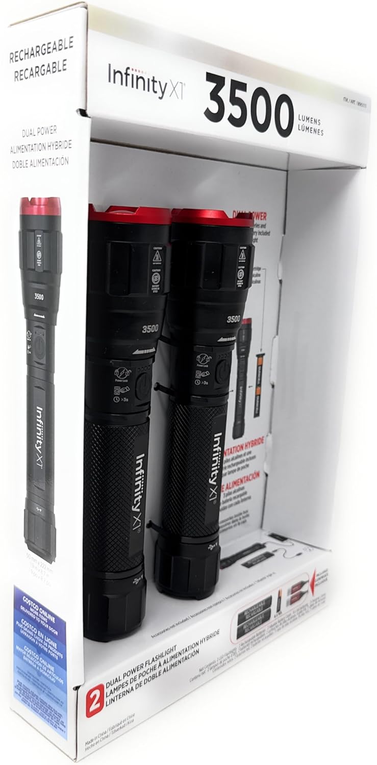 Infinity X1 3500 Lumen Dual Power Flashlight 2-Pack – High-Performance LED, Rechargeable or Alkaline Powered, 4 Light Modes, USB-C Charging, Includes Batteries and Cables