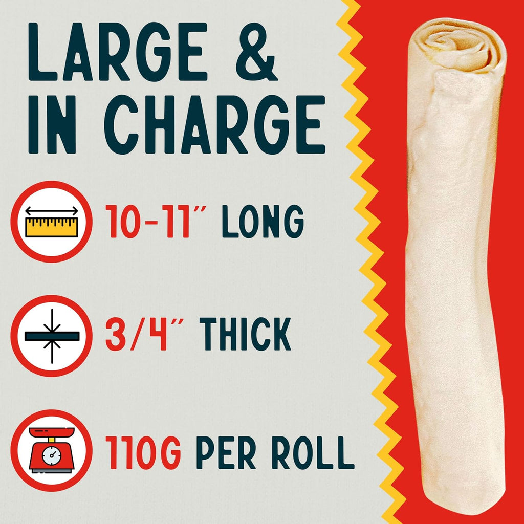 Canine Chews 10-11" Rawhide Bones for Large Dogs, Durable USA Beefhide Dog Rawhide Chews, Retriever Rolls 20 Pack (5 lbs)