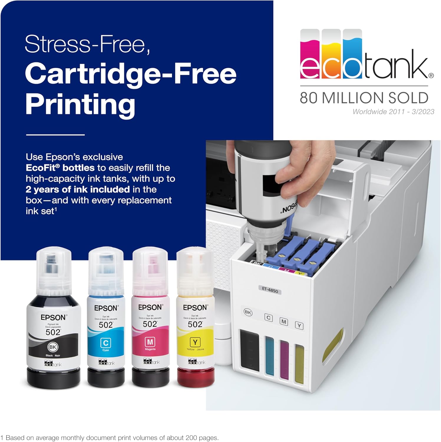 Epson EcoTank ET-4850 Wireless All-in-One Cartridge-Free Supertank with Scanner Copier, Fax, ADF and Ethernet, The Printer Office Printer - White