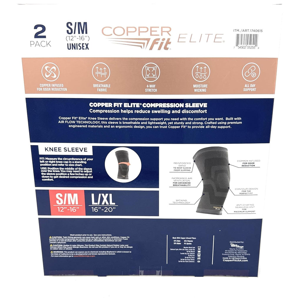 Copperfit Elite Air Knee Compression Sleeve, S/M, 2 Pack, Joint Pain Relief (Small/Medium (12"-16"))