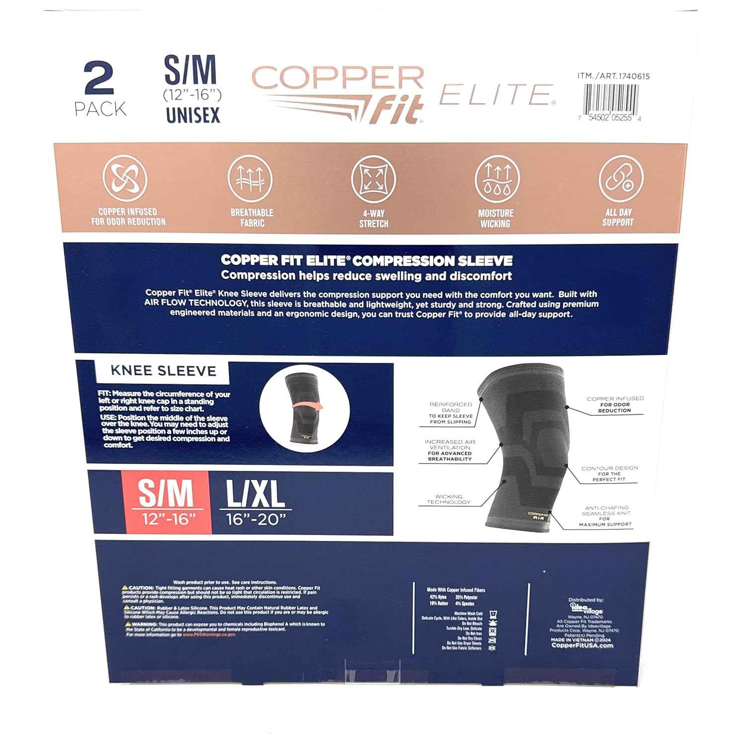 Copperfit Elite Air Knee Compression Sleeve, S/M, 2 Pack, Joint Pain Relief (Small/Medium (12"-16"))