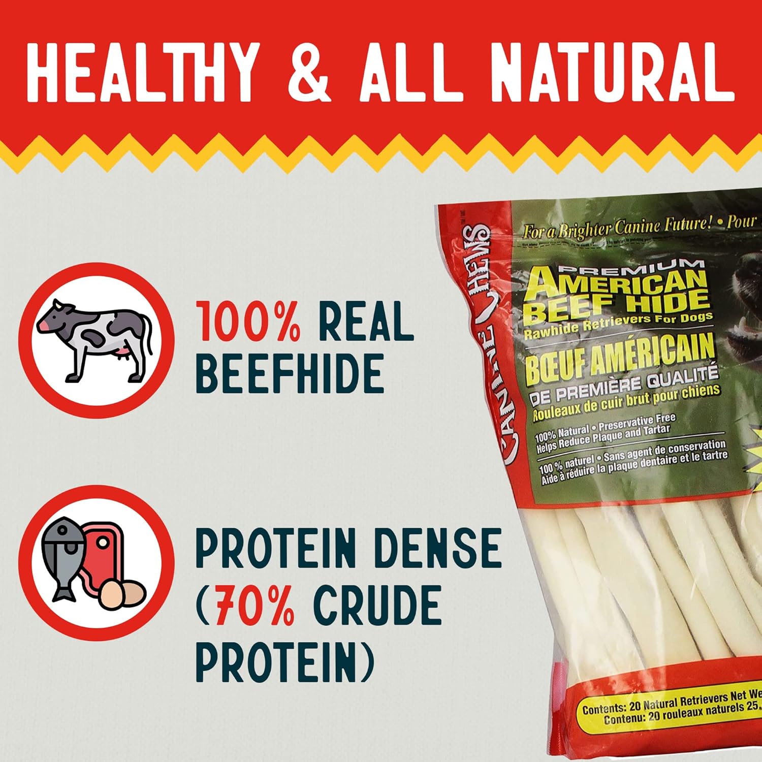 Canine Chews 10-11" Rawhide Bones for Large Dogs, Durable USA Beefhide Dog Rawhide Chews, Retriever Rolls 20 Pack (5 lbs)