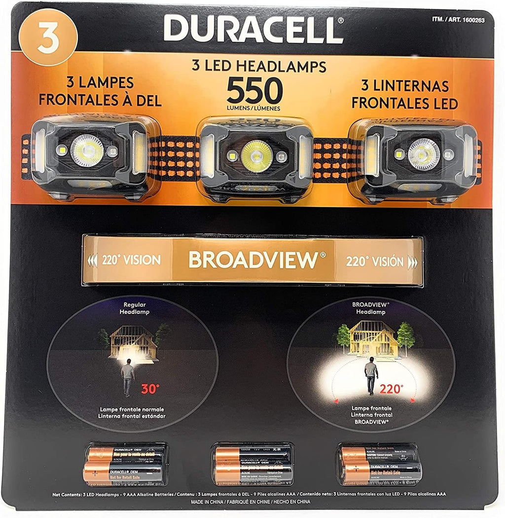 Duracell 1600263/550 Lumens LED Headlamps 3 Pieces / 3 PACK HEADLIGHTS 9 MODES