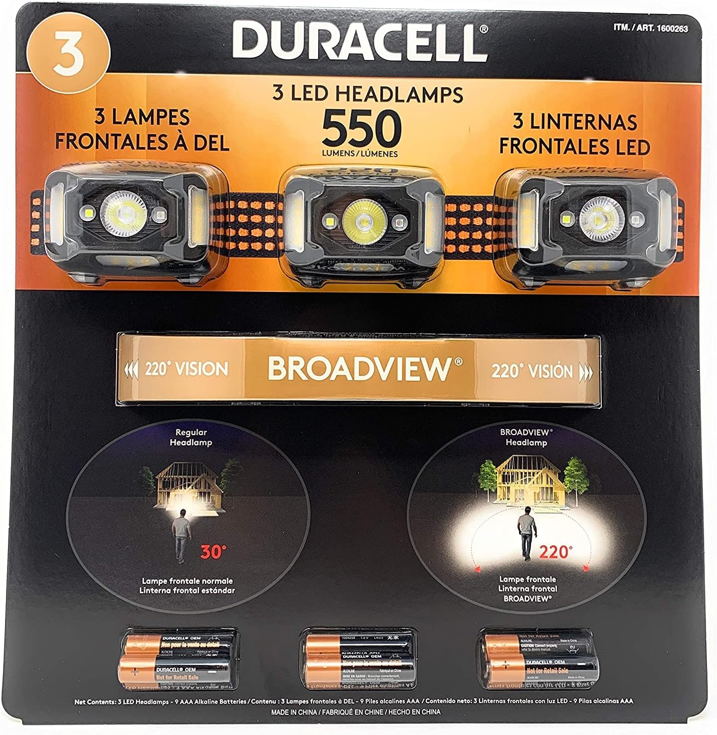 Duracell 1600263/550 Lumens LED Headlamps 3 Pieces / 3 PACK HEADLIGHTS 9 MODES