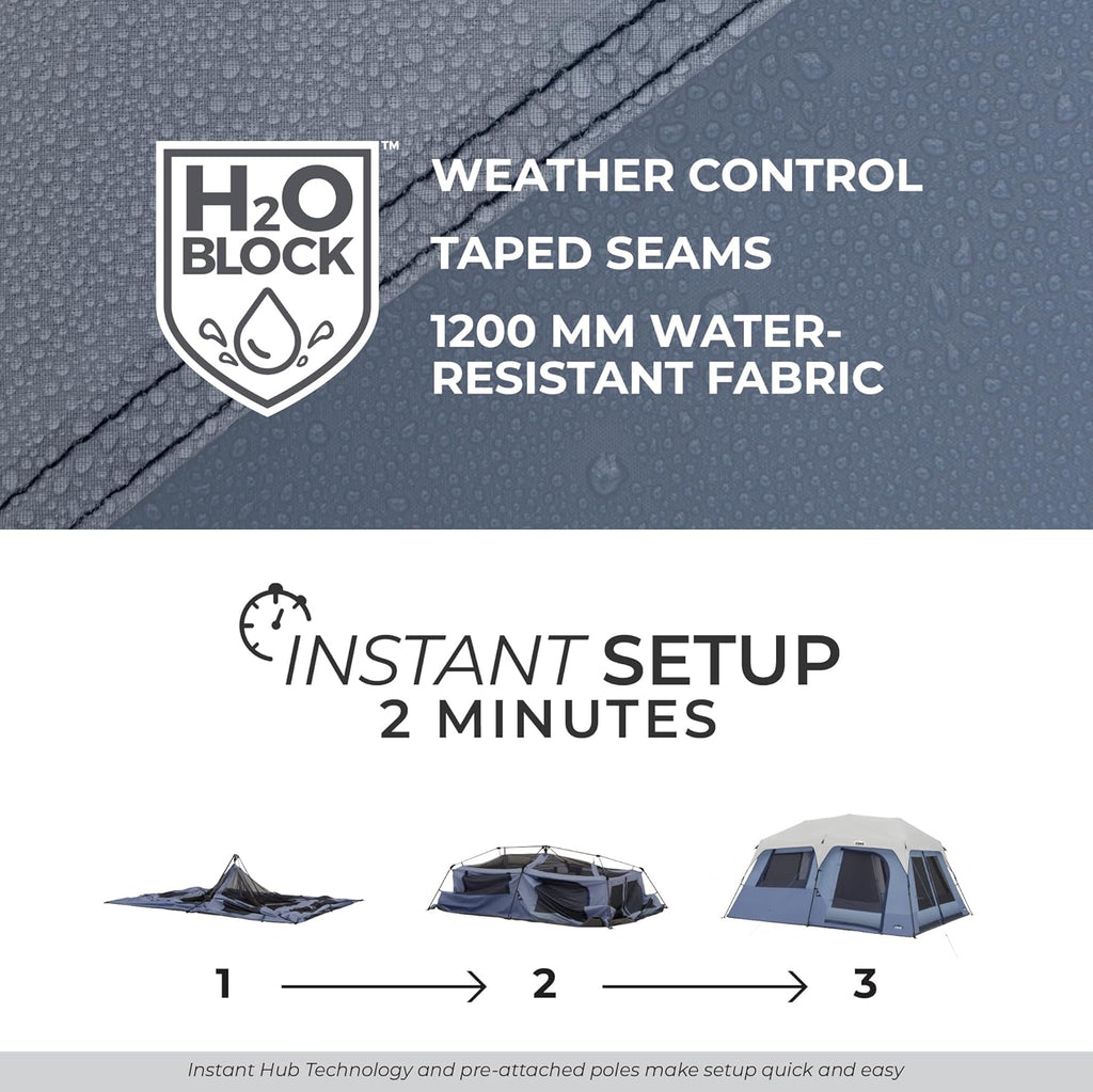 CORE 10 Person Instant Cabin Tent | Large Multi Room Family Pop Up Tent for 2 Minute Camp Setup | Included Storage Pockets for Camping Accessories