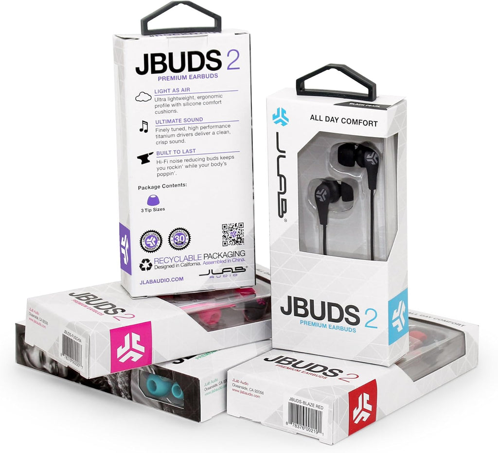 JLab Audio JBuds2 Premium in-Ear Earbuds with Guaranteed Fit | Wired Earbuds | Titanium 10mm Drivers Noise Reducing | Nickle-Plated 3.5mm Audio Jack | Black