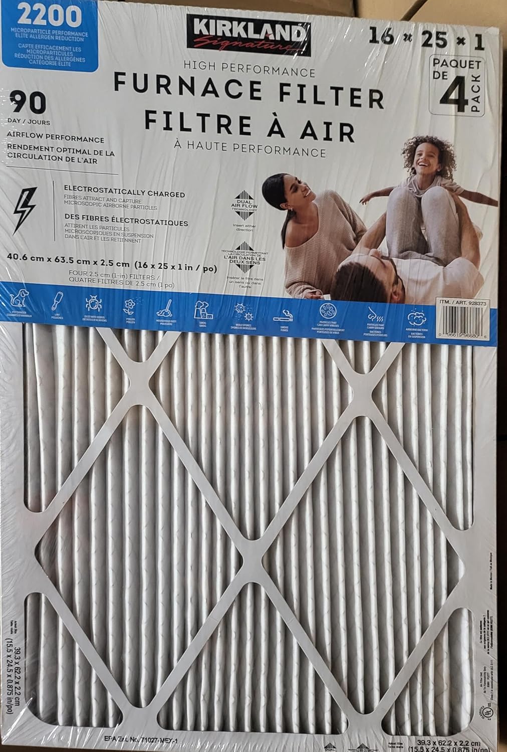 Kirkland Signature High Performance Furnace Filter, 2200 Microparticle Performance Elite Allergen Reduction - 4 PACK (16x25x1) - 90 Day - Dual Airflow Technology