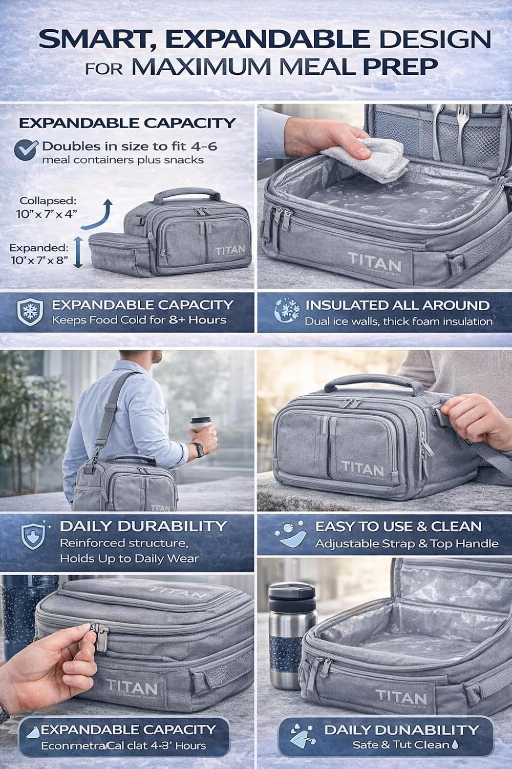 Titan by Arctic Zone Expandable Lunch Box – Insulated, Crush-Resistant Cooler with 2 Ice Walls & Leak-Proof Lining – Meal Prep Bag with Strap & Container for Work & Travel | Black (Pale Frost)