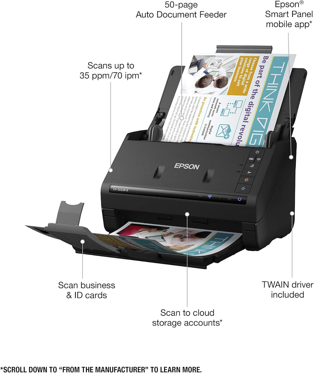 Epson Workforce ES-500W II Wireless Color Duplex Desktop Document Scanner for PCand Mac with Auto Feeder (ADF), Scan from Smartphone or Tablet