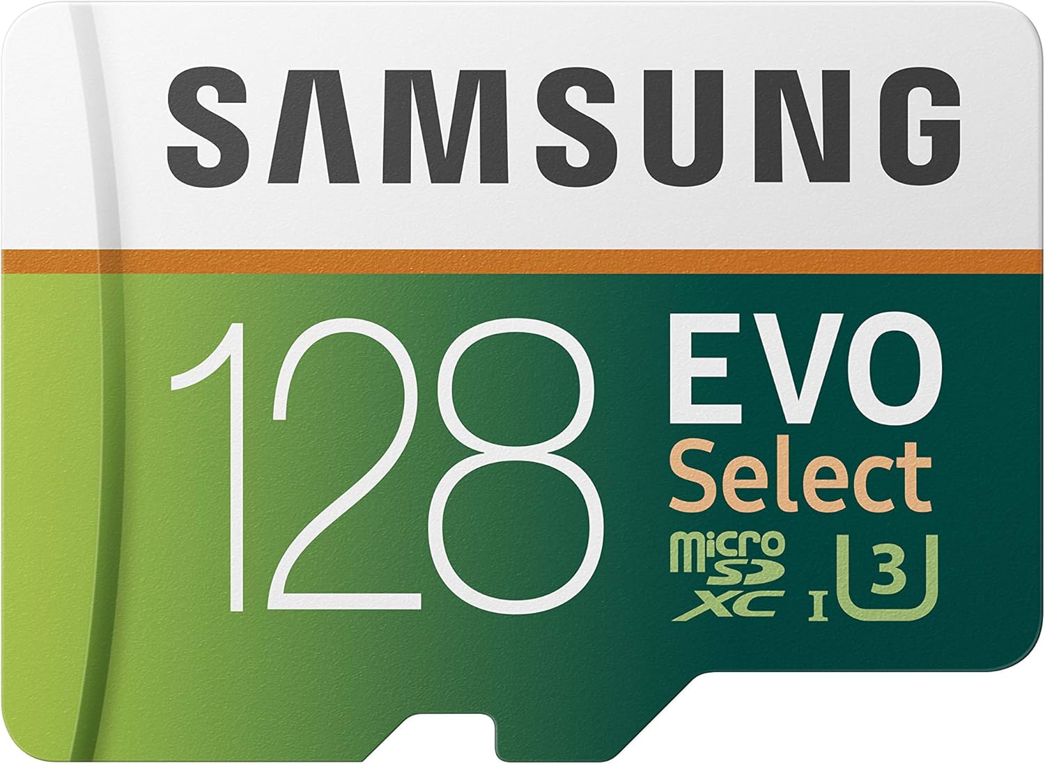 Samsung EVO Select 128GB microSDXC U3 memory card on a white background