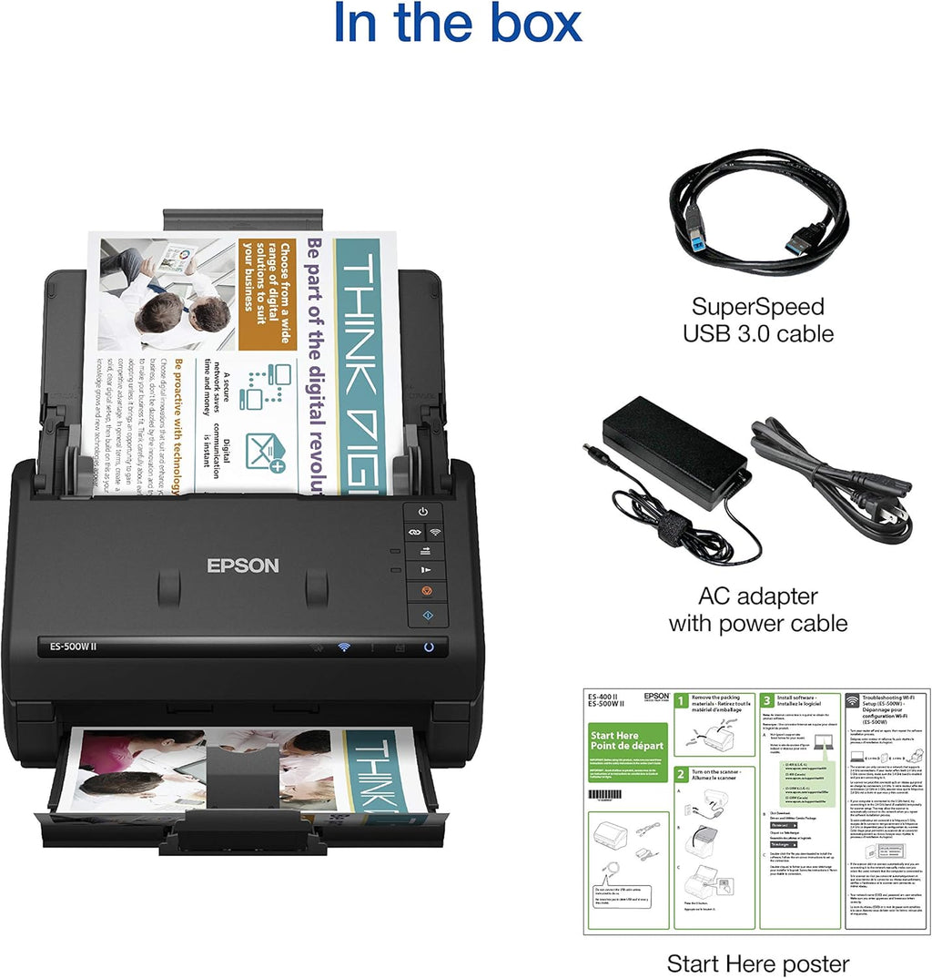 Epson Workforce ES-500W II Wireless Color Duplex Desktop Document Scanner for PCand Mac with Auto Feeder (ADF), Scan from Smartphone or Tablet