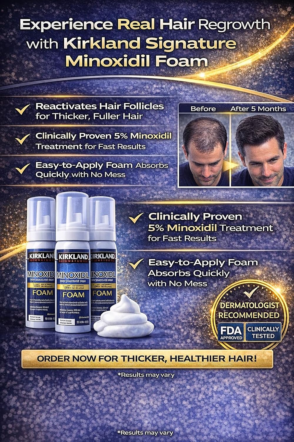 Kirkland Signature Hair Regrowth Treatment Minoxidil Foam for Men, 2.11 oz, 6 Count (6 Month Supply)