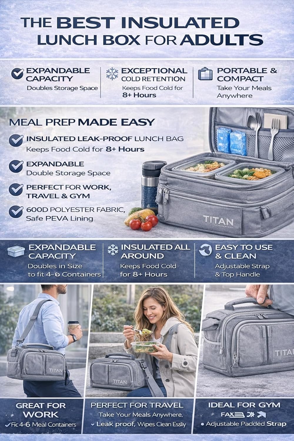 Titan by Arctic Zone Expandable Lunch Box – Insulated, Crush-Resistant Cooler with 2 Ice Walls & Leak-Proof Lining – Meal Prep Bag with Strap & Container for Work & Travel | Black (Pale Frost)