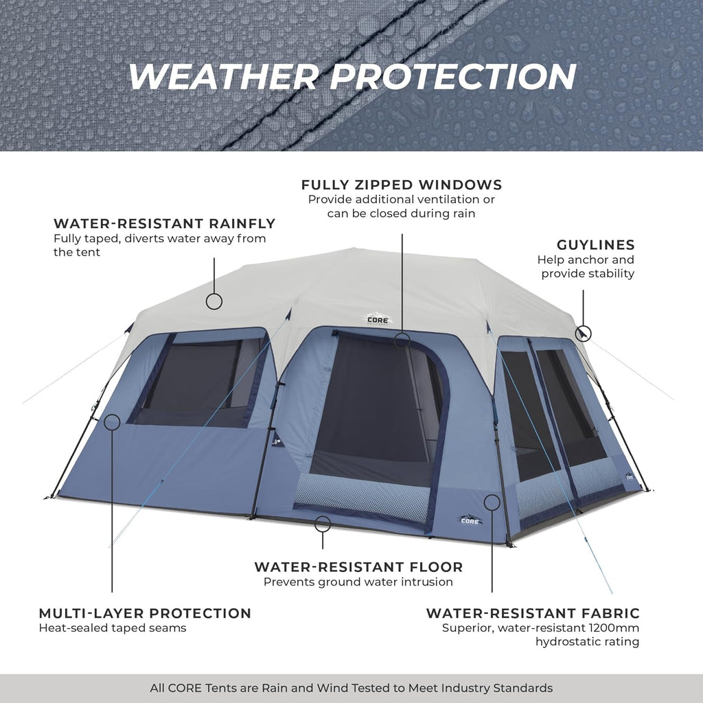 CORE 10 Person Instant Cabin Tent | Large Multi Room Family Pop Up Tent for 2 Minute Camp Setup | Included Storage Pockets for Camping Accessories