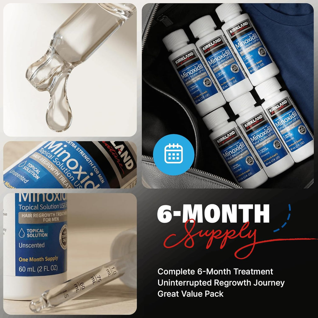 Minoxidil Liquid Extra Strength Hair Regrowth Treatment for Men, 5% Topical Solution, 6 Months Supply - Dropper Applicator and Bonus Free Instructional Guide Included