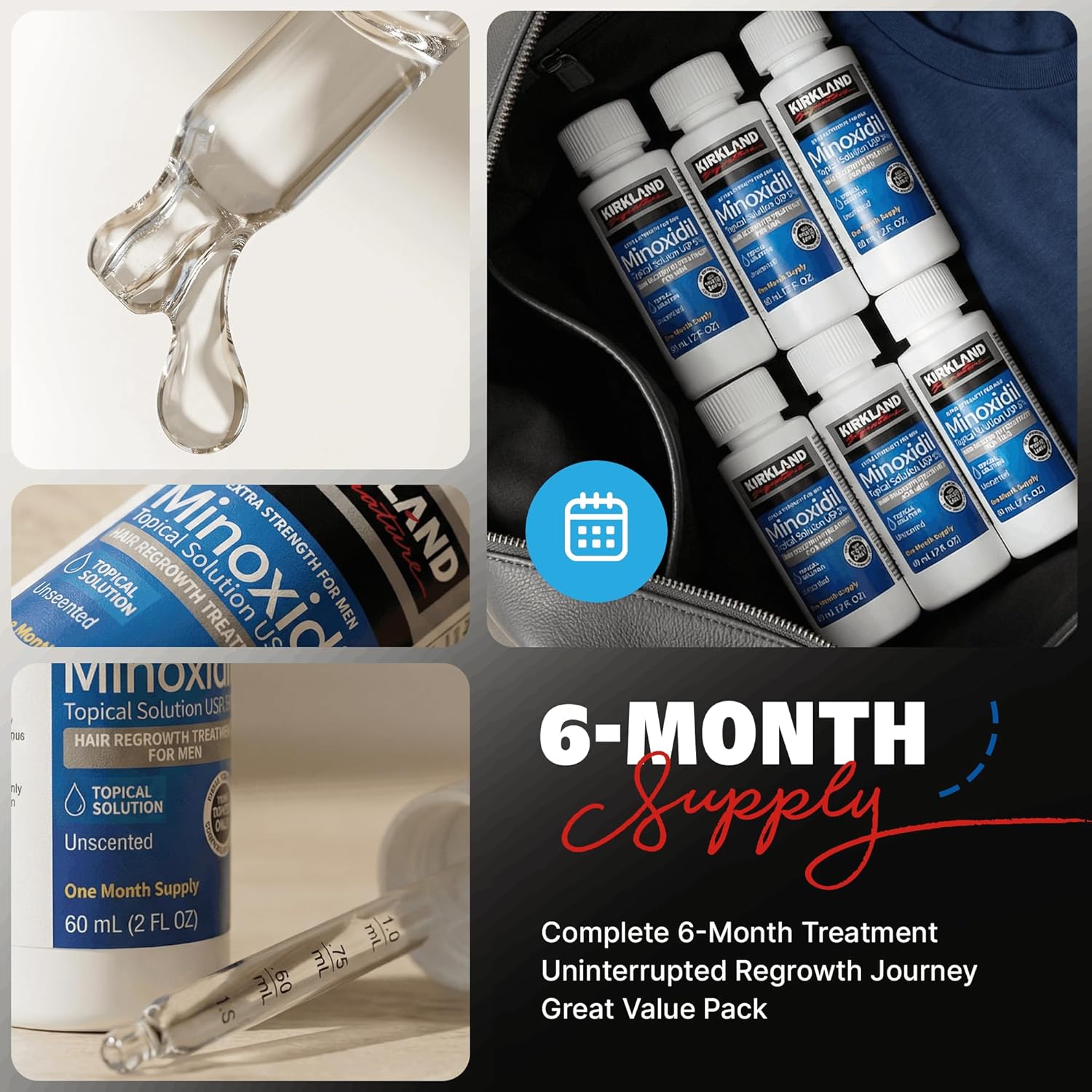Minoxidil Liquid Extra Strength Hair Regrowth Treatment for Men, 5% Topical Solution, 6 Months Supply - Dropper Applicator and Bonus Free Instructional Guide Included