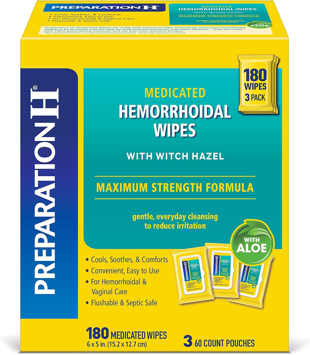 Preparation H Medicated Hemorrhoidal Wipes 180 ct, Maximum Strength Relief with Witch Hazel and Aloe, for Cleansing, Burning, Itch and Irritation Relief, 3 Packs of 60