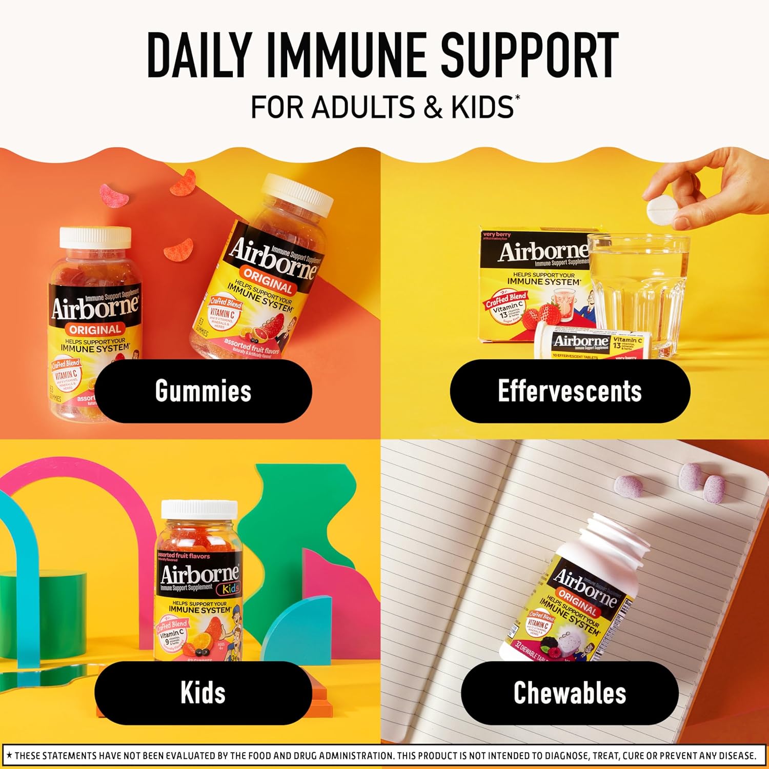 Vitamin C 1000mg (per serving) - Airborne Zesty Orange Effervescent Tablets (36 count in a box), Gluten-Free Immune Support Supplement With Vitamins A C E, ZINC, Selenium, Echinacea & Ginger