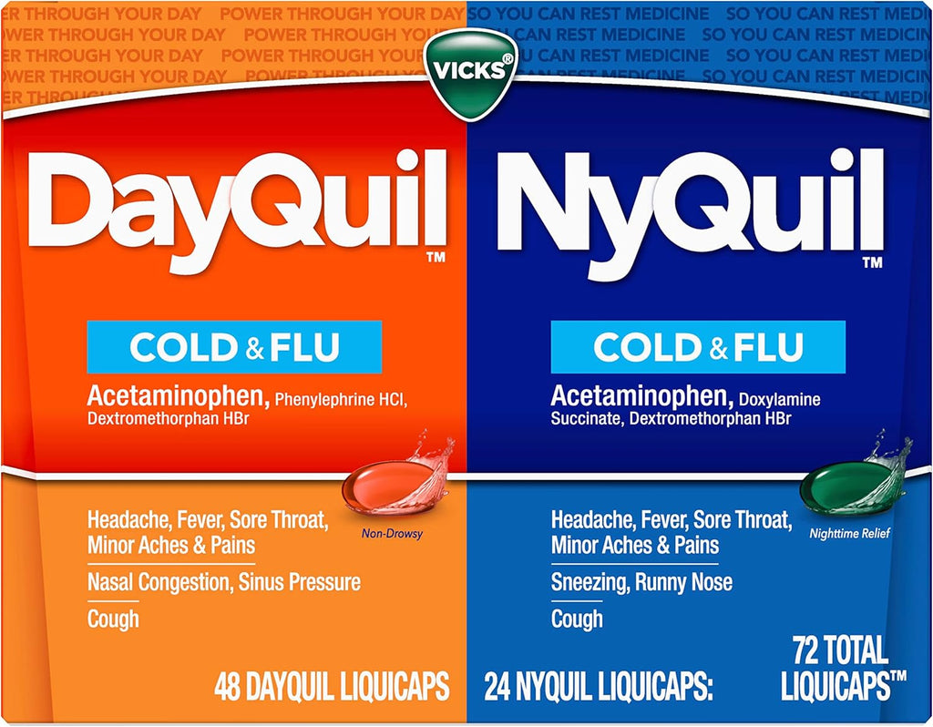 Vicks DayQuil & NyQuil Co-Pack, Cold & Flu Medicine, Powerful Multi-Symptom Daytime & Nighttime Relief for Headache, Fever, Sore Throat, Minor Aches & Pains, & Cough, 72ct