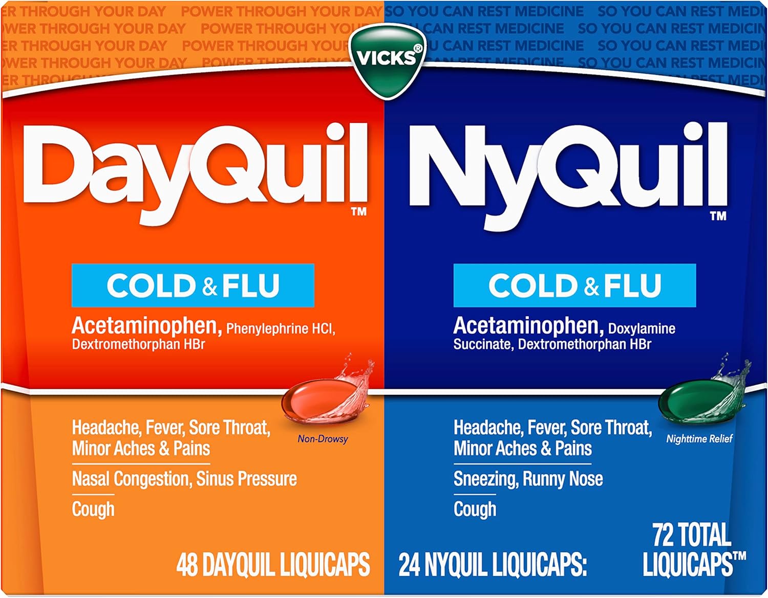 Vicks DayQuil & NyQuil Co-Pack, Cold & Flu Medicine, Powerful Multi-Symptom Daytime & Nighttime Relief for Headache, Fever, Sore Throat, Minor Aches & Pains, & Cough, 72ct