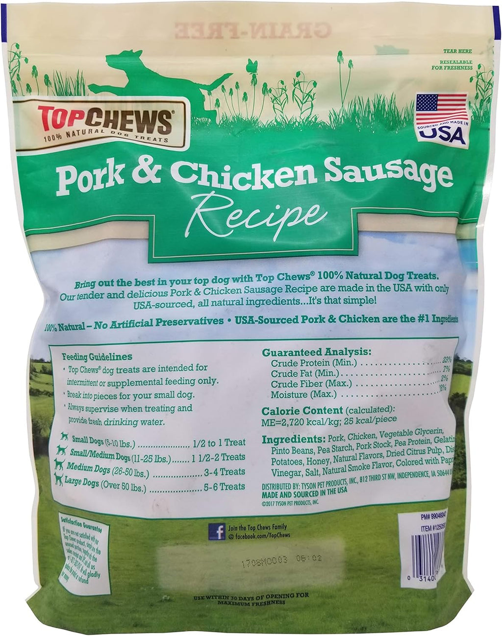 Top Chews Pork & Chicken Sausage Dog Treats, 100% Natural (36 Oz, 2.25 LBS)