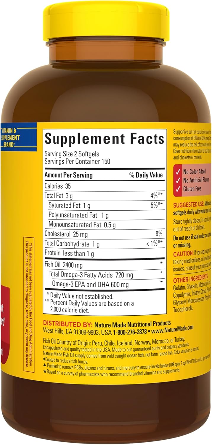 Nature Made Burp Less Fish Oil Omega 3 Supplements, 1200 mg Softgels, Omega 3 Fish Oil for Healthy Heart Support, 300 Softgels, 150 Day Supply
