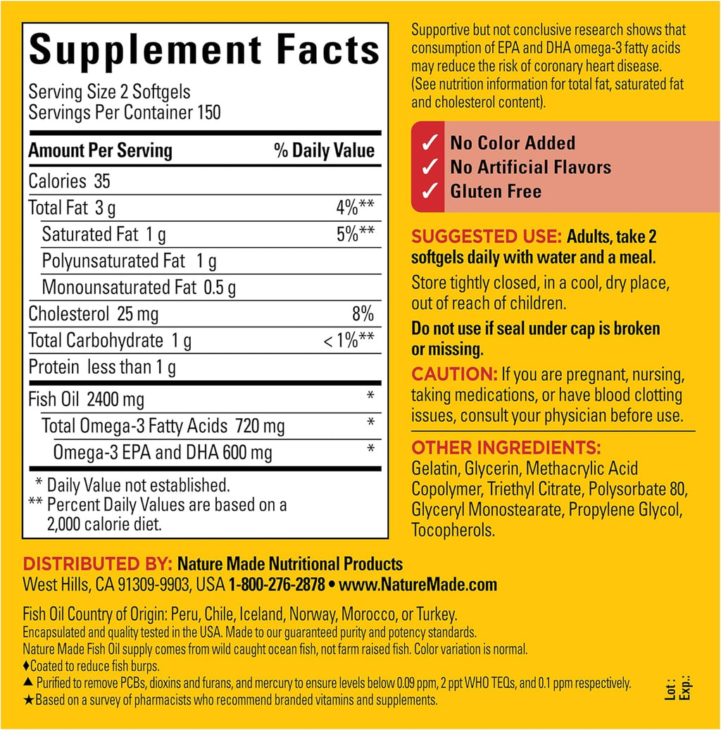 Nature Made Burp Less Fish Oil Omega 3 Supplements, 1200 mg Softgels, Omega 3 Fish Oil for Healthy Heart Support, 300 Softgels, 150 Day Supply